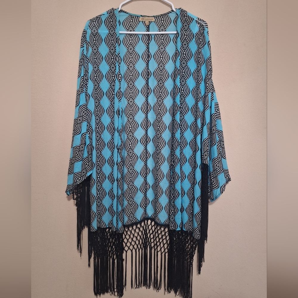 Democracy Turquoise Blue and Black Fringe Geometric Boho Medium Women's Kimono